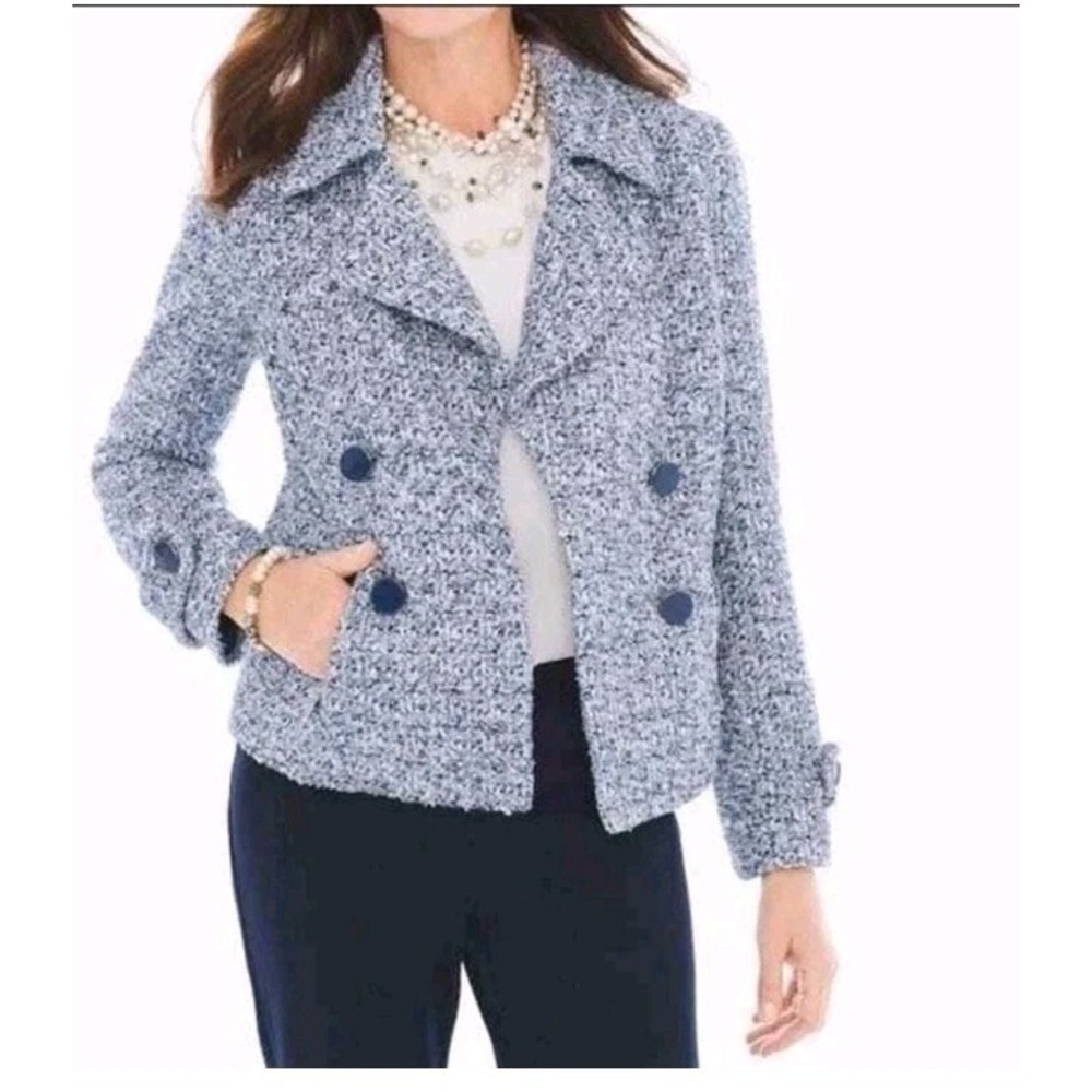 Chico's Tweed Textured Blue White Shimmer Jacket 1 US‎ Medium 8